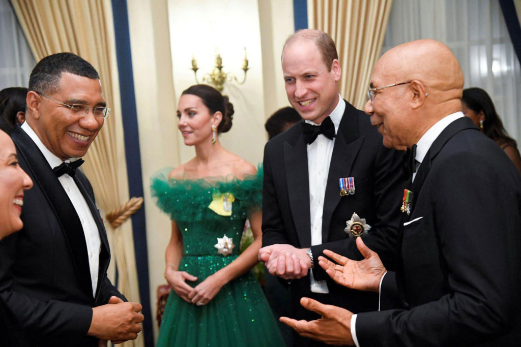 The Duke and Duchess of Cambridge talk with Jamaica's Prime Minister Andrew Holness (left) and Governor General Patrick Allen (right) ahead of a dinner hosted by the latter at King's House in Kingston, Jamaica, during the royal tour of the Caribbean to ma