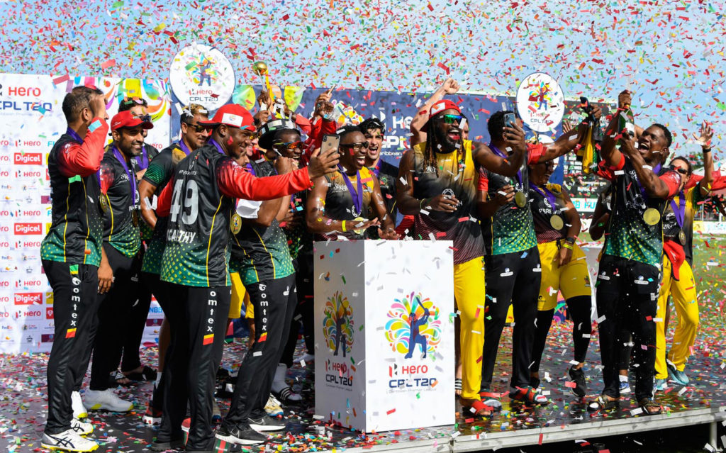 The St Kitts & Nevis Patriots celebrate winning their 2021 CPL championship victory at home in Basseterre. Photo courtesy CPL T20/Getty Images