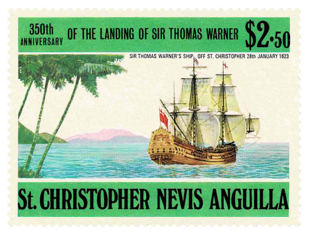 Fifty years ago, these stamps were issued to commemorate the 350th anniversary of Sir Thomas Warner’s arrival. Photo courtesy British Caribbean Philatelic Group