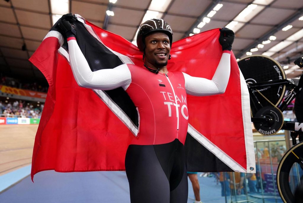 Nicholas Paul celebrates winning gold in the men’s keirin at the 2022 Commonwealth Games. Photo by PA Images/Alamy Stock Photo