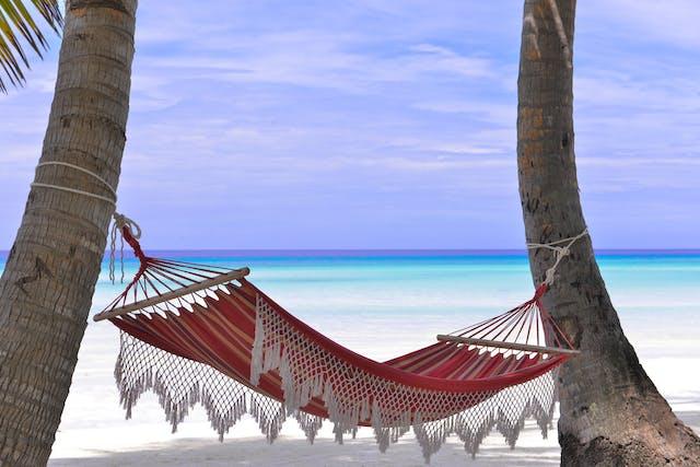 Caribbean living. A red hammock tied between two palms on the beach