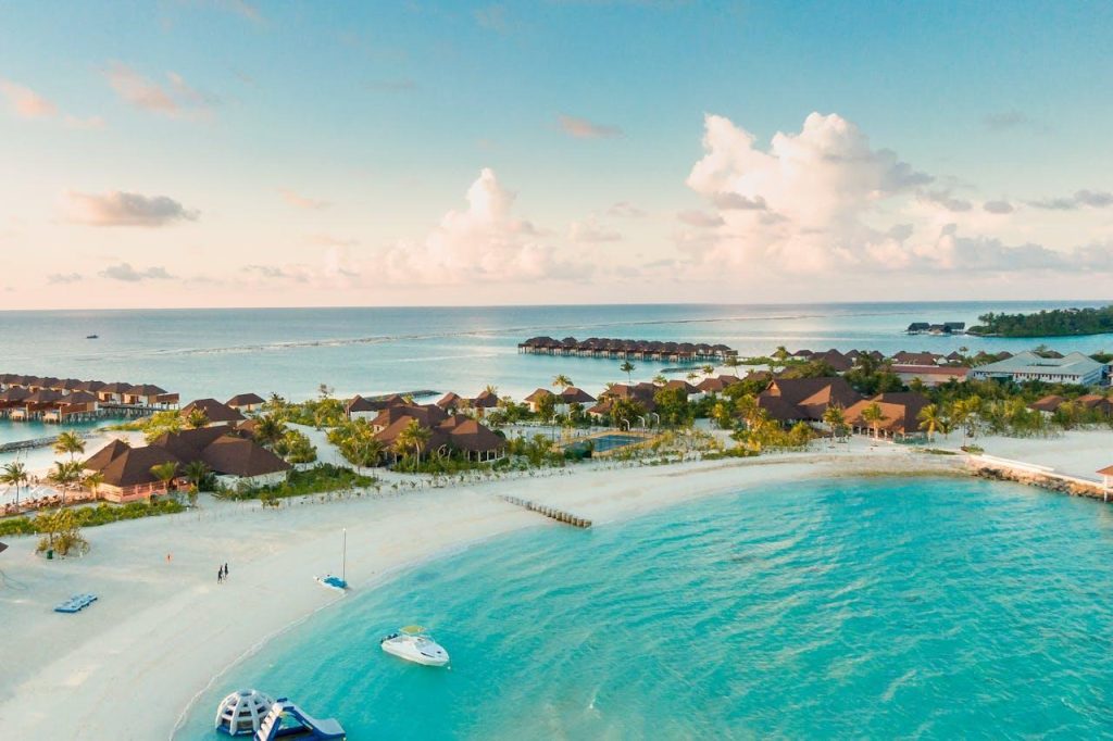 Aerial view of a beautiful island resort.