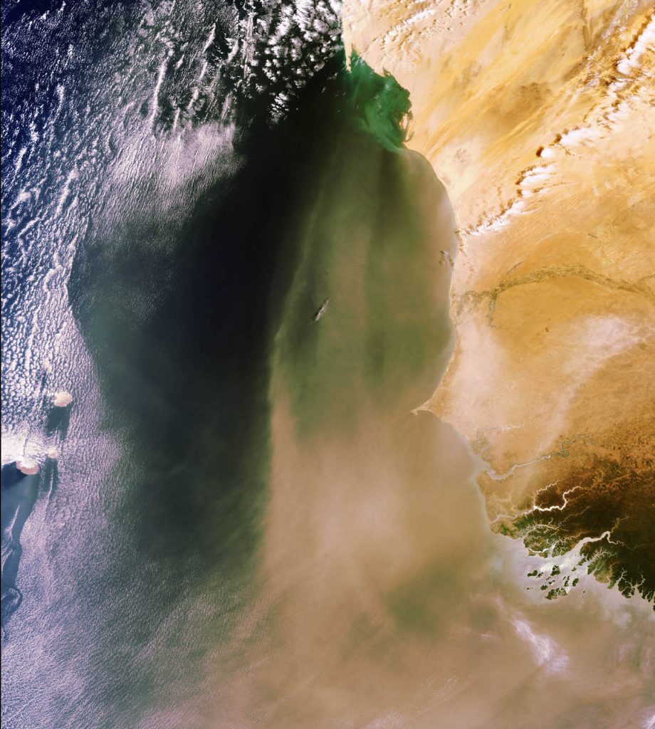 Envisat captures sand and dust from the Sahara Desert blowing across the Atlantic Ocean. Photo courtesy Wikimedia