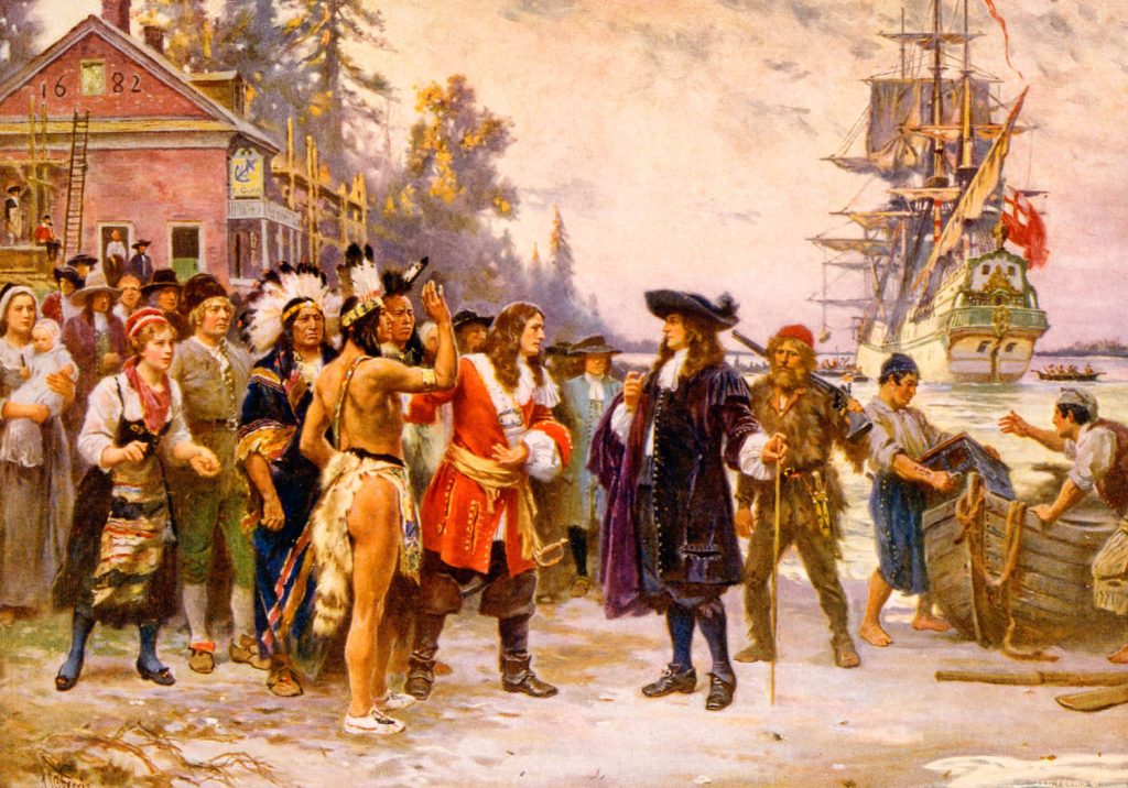 A painting depicts the arrival of William Penn, Jr in what would become Pennsylvania. Niday Picture Library/Alamy Stock Photo