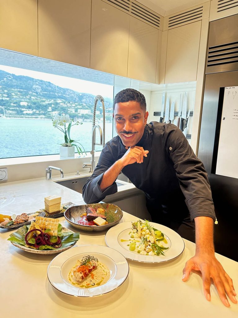 Chef Jono displays his creations in the galley of the yacht Mustique. Photo courtesy Johnathan Shillingford