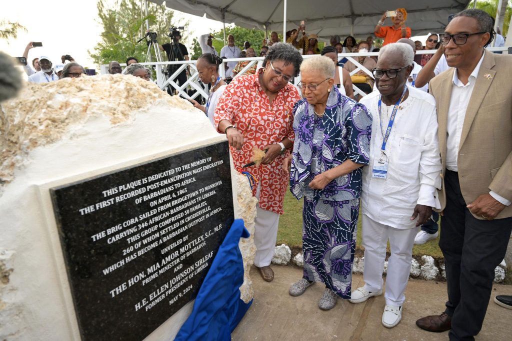 Barbadian Prime Minister Mia Mottley; former president of Liberia Ellen Johnson Sirleaf; Ambassador (retired) Lorenzo Witherspoon — a former Liberian diplomat and great grandson of Barbadian John Prince Porte, who emigrated to Liberia in 1865; and Senator John King. Photo courtesy Barbados Government Information Service