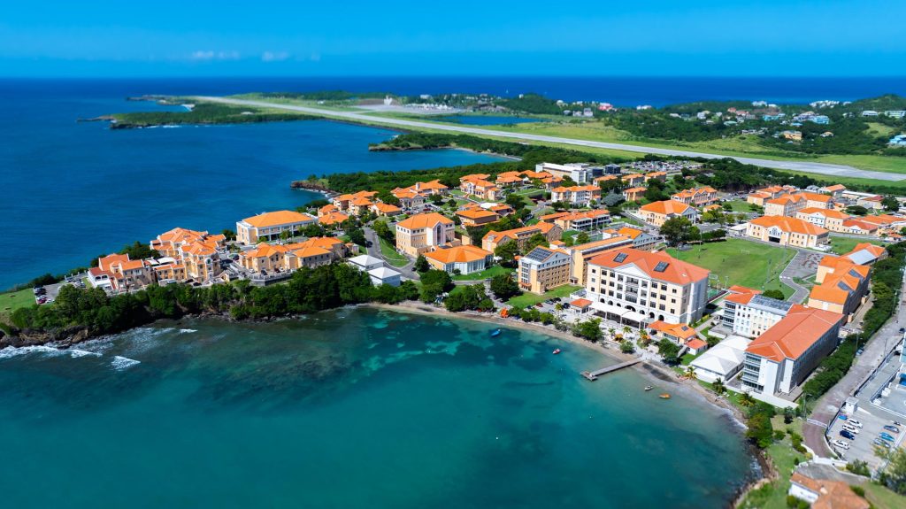 An aerial view of St George’s University, an accredited Caribbean medical school, in Grenada. Photo courtesy St George’s University
