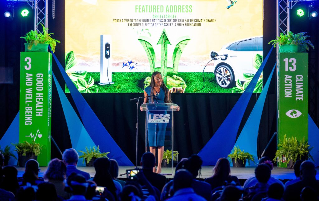 Ashley Lashley delivers the feature address at the 2025 Barbados Youth Climate Action Summit & Expo (BYCASE). Photo courtesy Ezra Sealy Media, courtesy Ashley Lashley