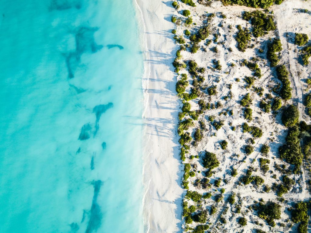 Aerial shot of beach in Turks and Caicos Caribbean Island