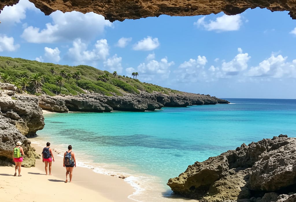 Small group of travelers exploring a Caribbean island